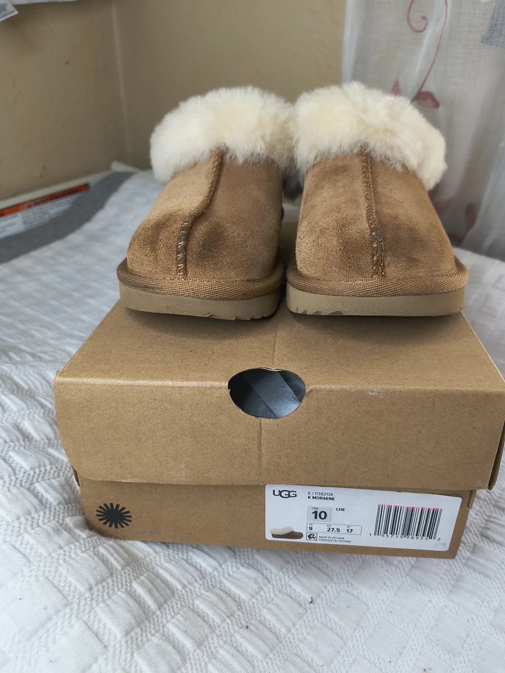 UGG Chestnut Brown Suede Plush Cuff Kids Slide Slippers
